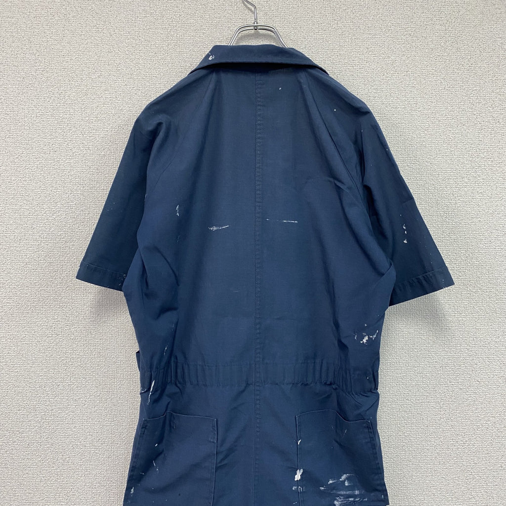 半袖メカニックスーツ　オールインワン/つなぎ　ワークウェア　ペンキ加工　紺　ネイビー
