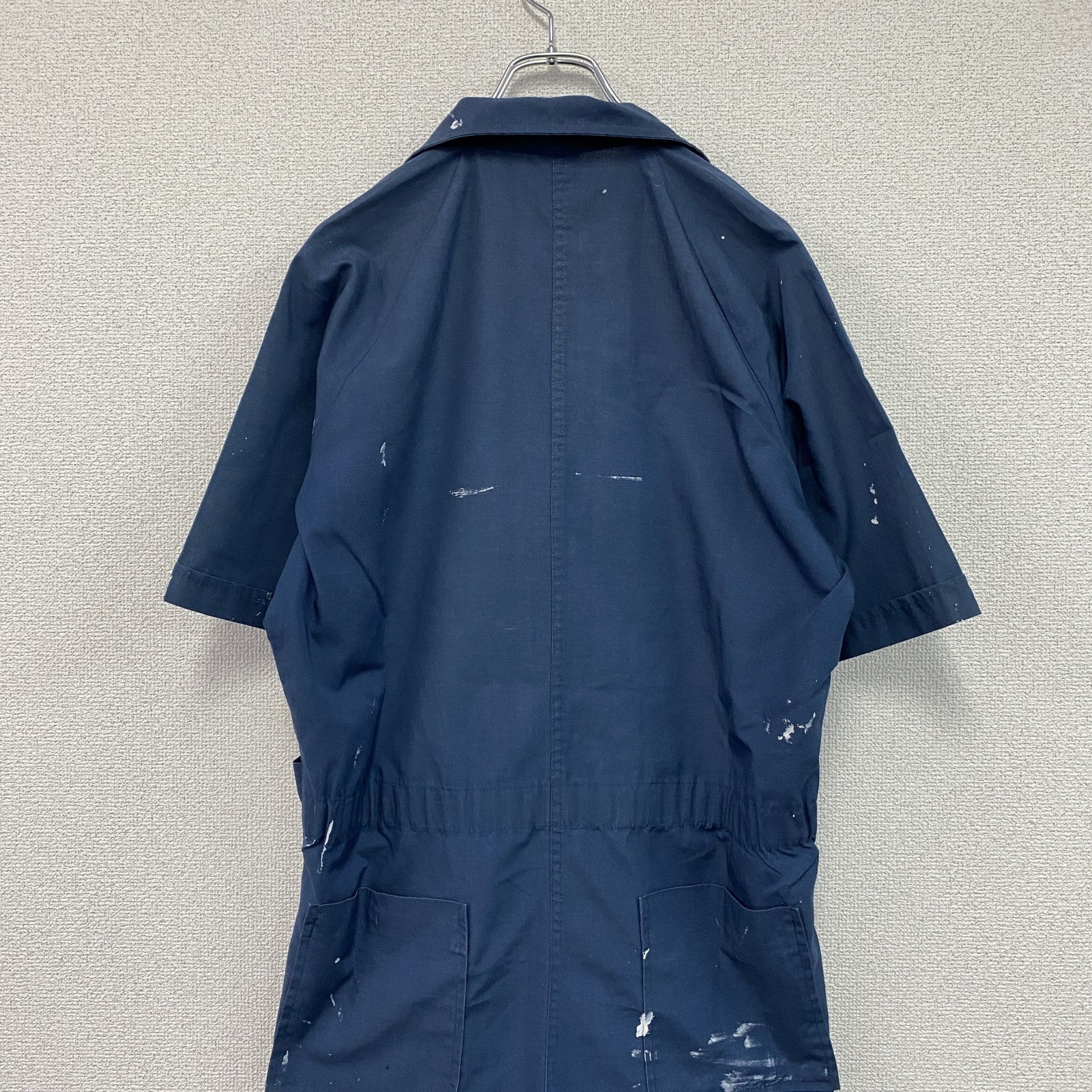 半袖メカニックスーツ　オールインワン/つなぎ　ワークウェア　ペンキ加工　紺　ネイビー
