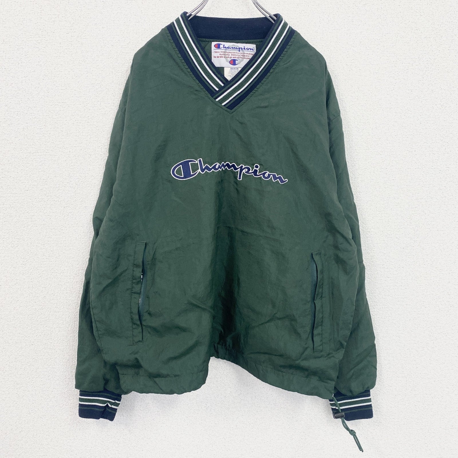 90s　champion　チャンピオン　プルオーバーナイロンジャケット　ヴィンテージ　緑　グリーン　Mサイズ