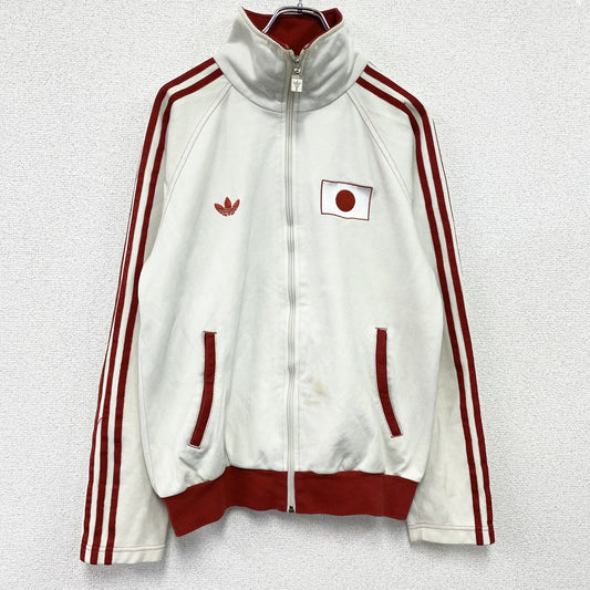 00s　adidas　アディダス　トラックジャケット/ジャージ　フロッキープリント　曲がりポケット　ホワイト　レッド　Mサイズ