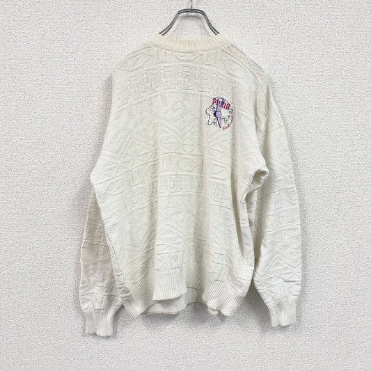 ～80s　PUMA　プーマ　コットンケーブルニットセーター　刺繍ロゴ　ワンポイント　ヴィンテージ　白　ホワイト　６サイズ