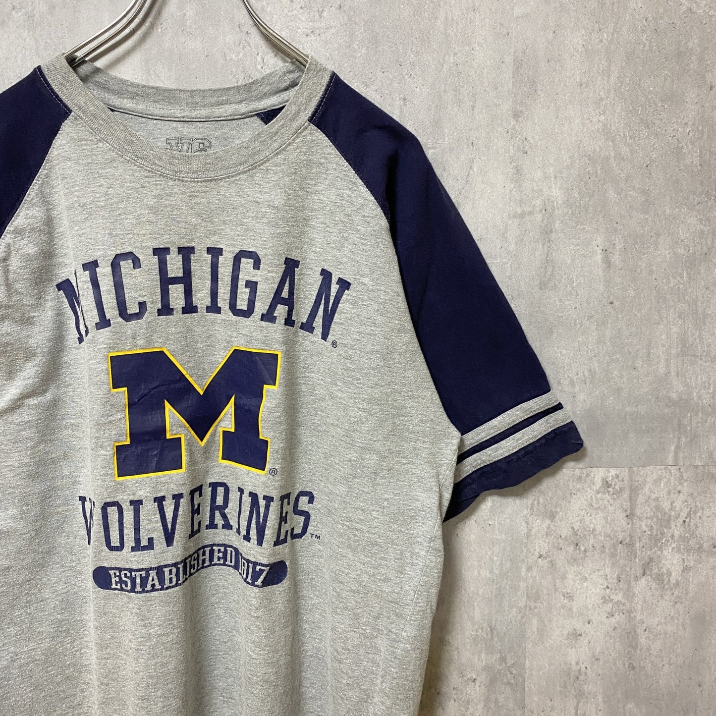 古着 used　MICHIGAN　WOLVERINES　ミシガン大学　半袖カレッジプリントTシャツ　ラグラン袖　スポーツ　グレー