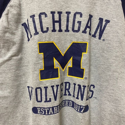 古着 used　MICHIGAN　WOLVERINES　ミシガン大学　半袖カレッジプリントTシャツ　ラグラン袖　スポーツ　グレー