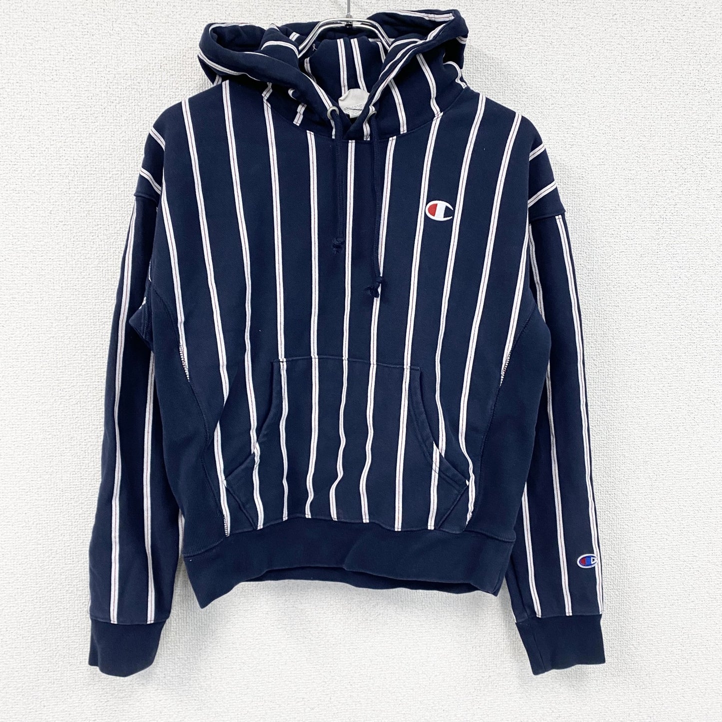 Champion　チャンピオン　リバースウィーブ　スウェットパーカー/フーディー　ストライプ柄　紺　ネイビー　Mサイズ