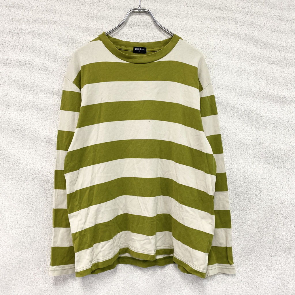 OLD UNIQLO　オールドユニクロ　長袖Tシャツ/ロンT　ボーダー　黄緑　ライトグリーン　ベージュ　Lサイズ