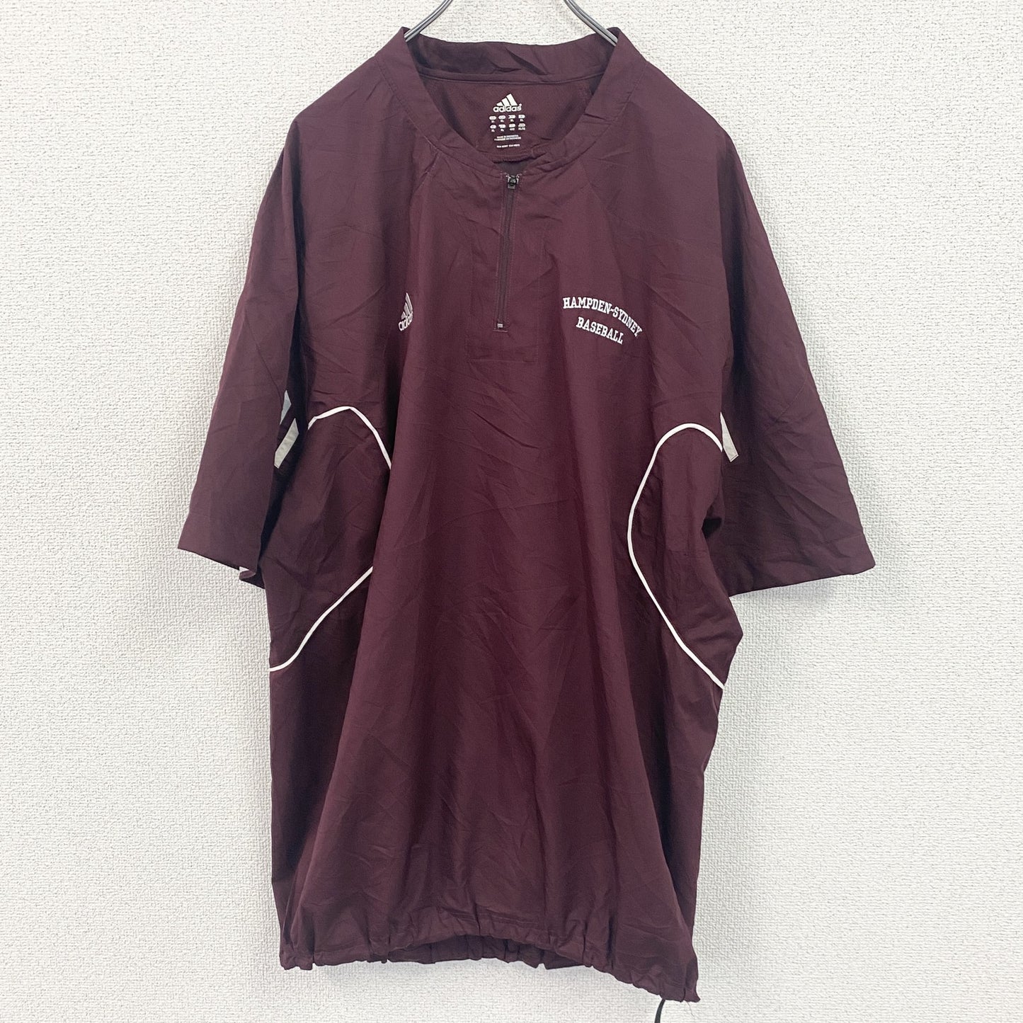 adidas　アディダス　半袖Tシャツ　ハーフジップ　刺繍ロゴ　野球　ボルドー　XLサイズ