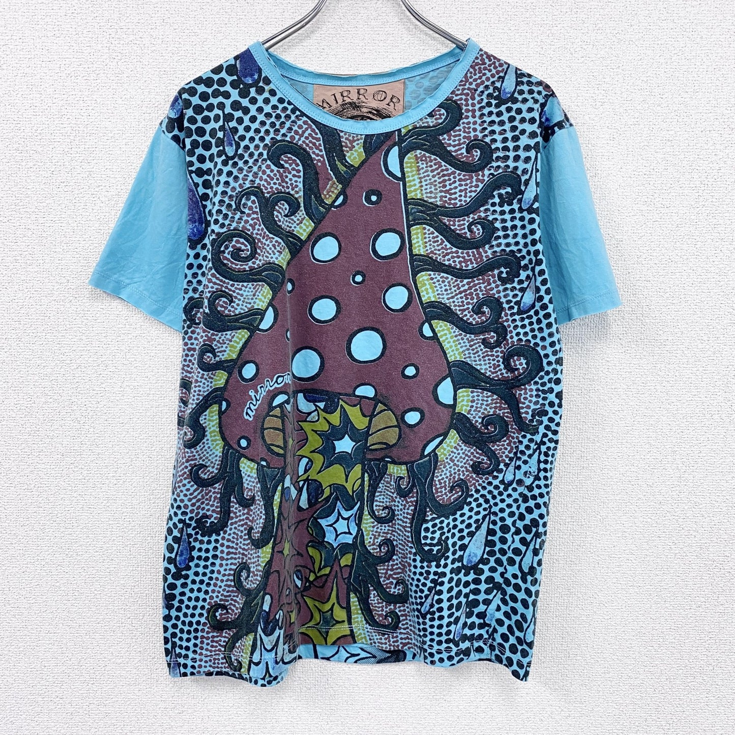 Mirror　ミラー　半袖プリントTシャツ　Amanita　アマンタ　キノコ　水色　ライトブルー　Mサイズ