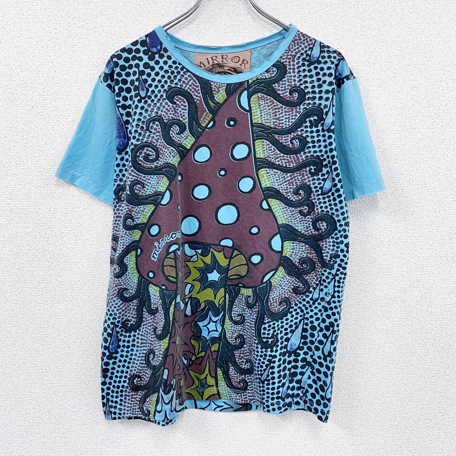 Mirror　ミラー　半袖プリントTシャツ　Amanita　アマンタ　キノコ　水色　ライトブルー　Mサイズ