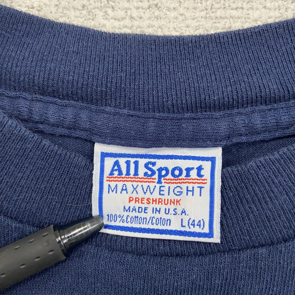 90s　ALL Sport　長袖プリントTシャツ　デザインロンT　ヴィンテージ　紺　ネイビー　Lサイズ