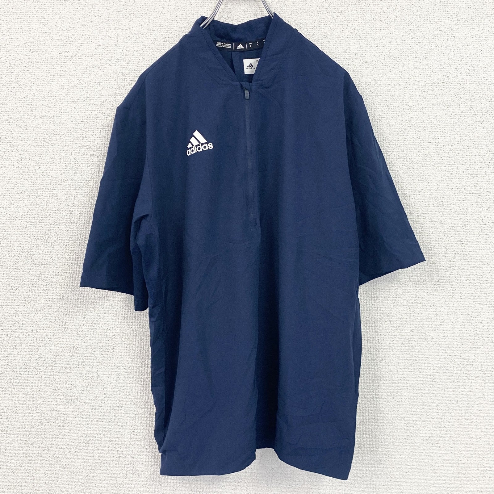 adidas　アディダス　ハーフジップ半袖プルオーバー　ワンポイント　紺　ネイビー　Lサイズ