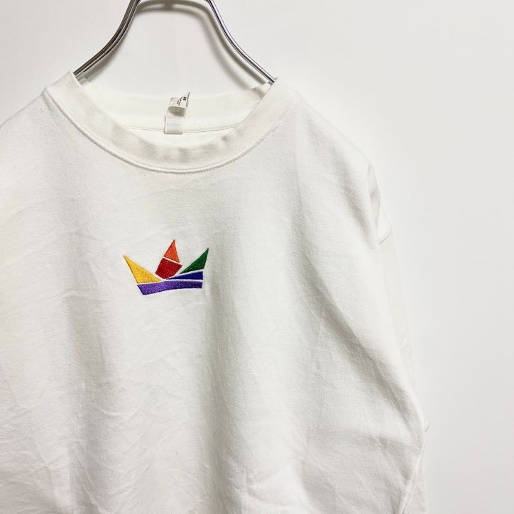 COTTONHERITAGE　スウェット/トレーナー　刺繍ロゴ　ポップデザイン　ワンポイント　クルーネック　白　ホワイト　Mサイズ