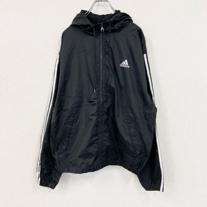 90s　adidas　アディダス　フルジップナイロンジャケット　フーディ　ヴィンテージ　黒　ブラック　Mサイズ