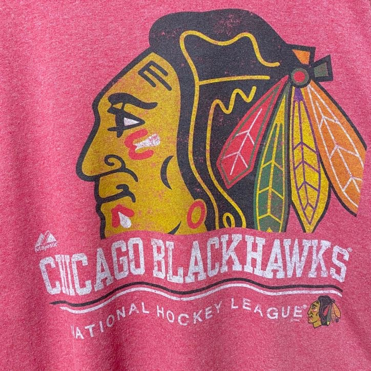 古着 used　Majestic　マジェスティック　シカゴブラックホークス　半袖プリントTシャツ　赤　ホッケー　オーバーサイズ