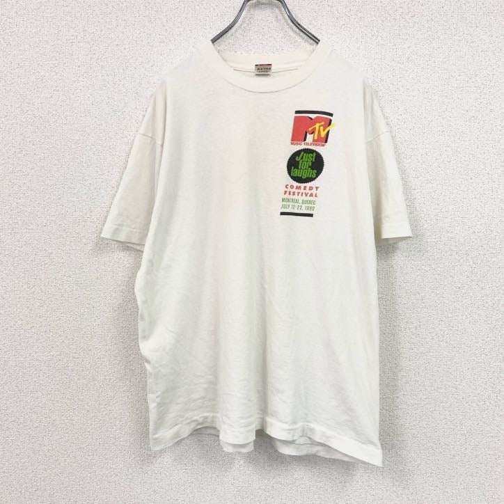 90s　FRUIT OF LOOM　MTV　半袖プリントTシャツ　シングルステッチ　白　ホワイト　XLサイズ