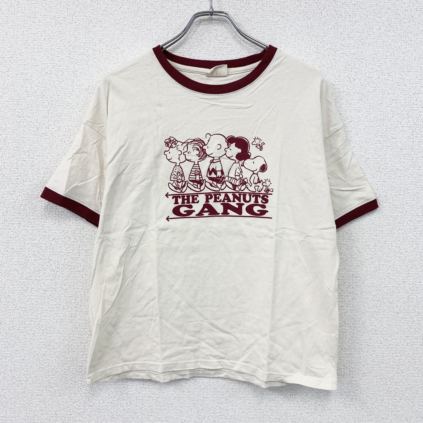 PEANUTS　ピーナッツ　THE PEANUTS GANG　SNOOPY　スヌーピー　半袖プリントリンガーTシャツ　キャラクター　ベージュ　LLサイズ