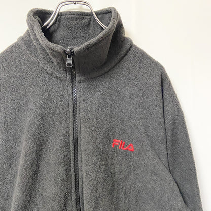 古着 used　FILA フィラ　長袖フルジップフリースジャケット　ダークグレー　ワンポイントロゴ刺　ハイネック　Lサイズ