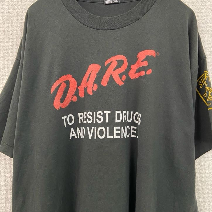 80s～　FRUIT OF THE LOOM　D.A.R.E.　半袖プリントTシャツ　黒　ブラック　XLサイズ