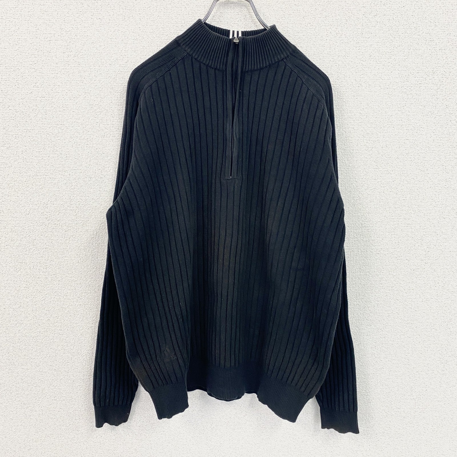 00s　adidas　アディダス　コットンニットセーター　ヴィンテージ　ハーフジップ　黒　ブラック　Lサイズ