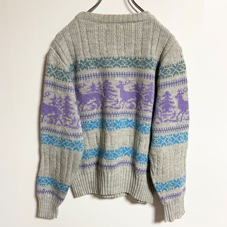 ～90s　Eileen　アクリルニットセーター　クルーネック　ノルディック柄　ヴィンテージ　灰色　グレー　Lサイズ