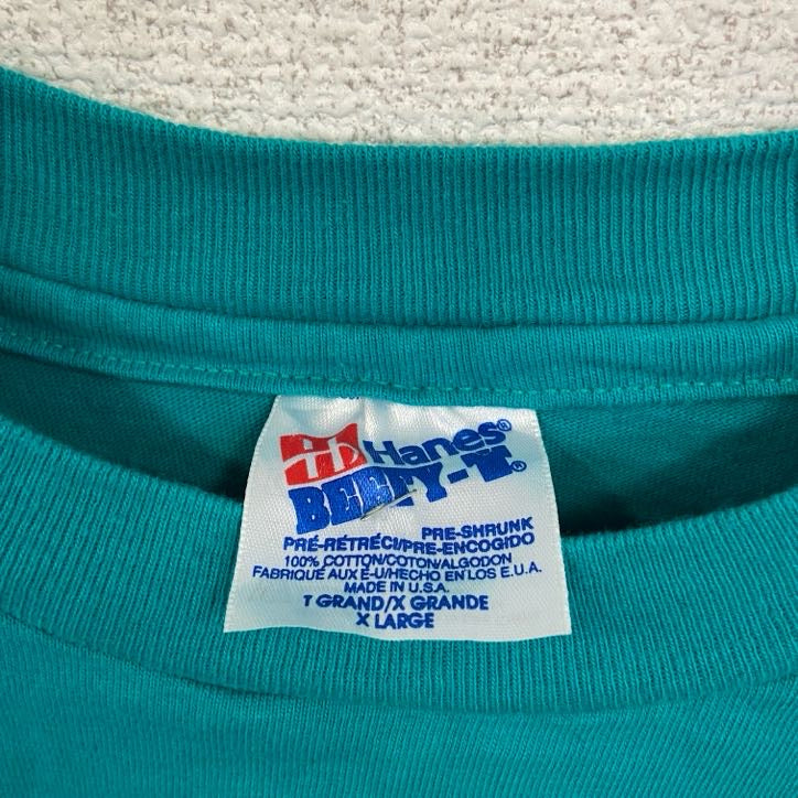 90s　Hanes　ヘインズ　半袖プリントTシャツ　ヴィンテージ　シングルステッチ　緑　グリーン　XLサイズ