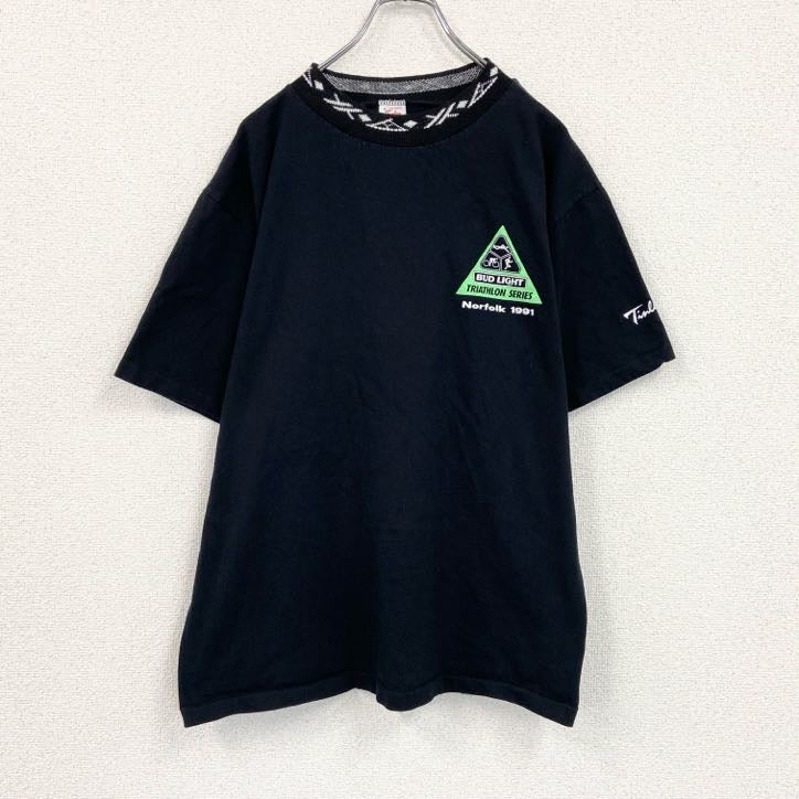 90s　Tinley　半袖プリントTシャツ　Coca-Cola　トライアスロン　シングルステッチ　企業ロゴ　黒　ブラック　XLサイズ