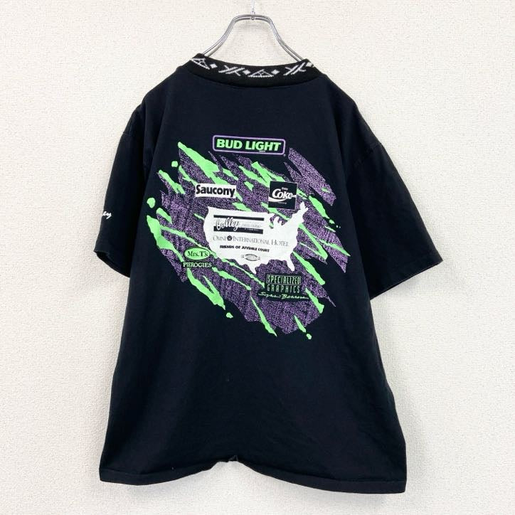 90s　Tinley　半袖プリントTシャツ　Coca-Cola　トライアスロン　シングルステッチ　企業ロゴ　黒　ブラック　XLサイズ