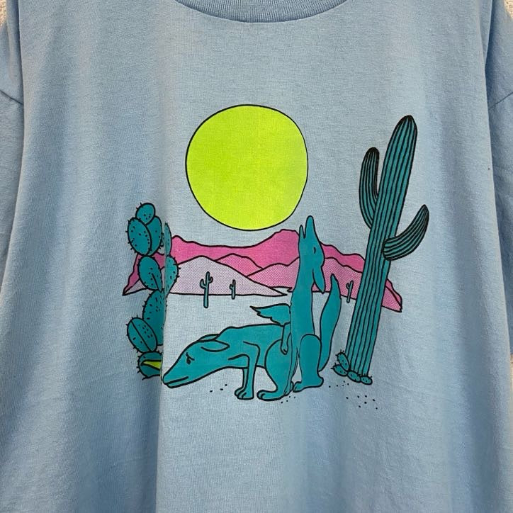 90s　ONEITA　オニータ　半袖プリントTシャツ　シングルステッチ　水色　ライトブルー　XLサイズ