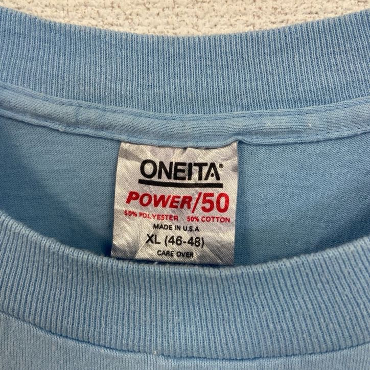 90s　ONEITA　オニータ　半袖プリントTシャツ　シングルステッチ　水色　ライトブルー　XLサイズ