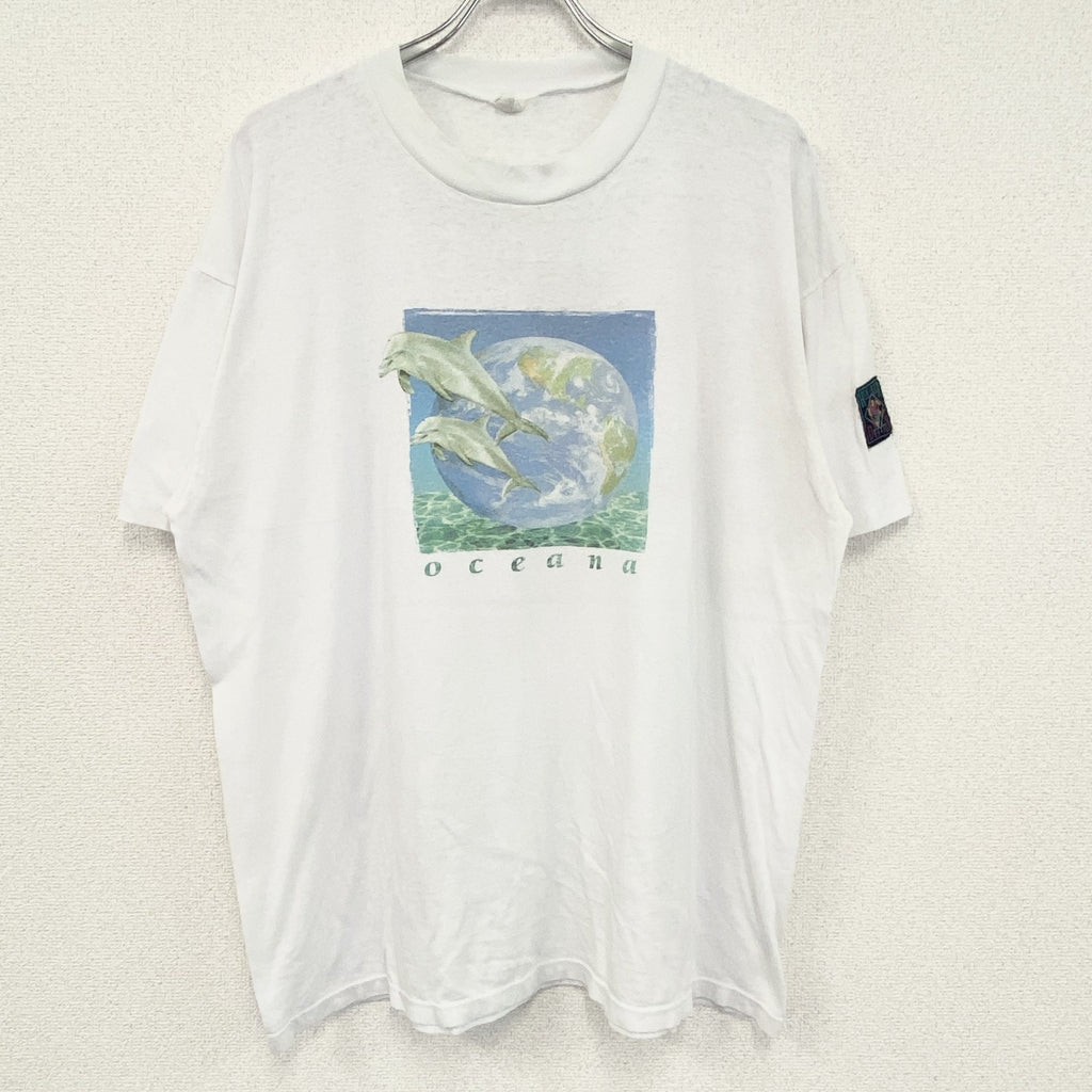 90s　HUMEUR DESIGN　半袖プリントアニマルTシャツ　シングルステッチ　ユーロヴィンテージ　白　ホワイト　Lサイズ