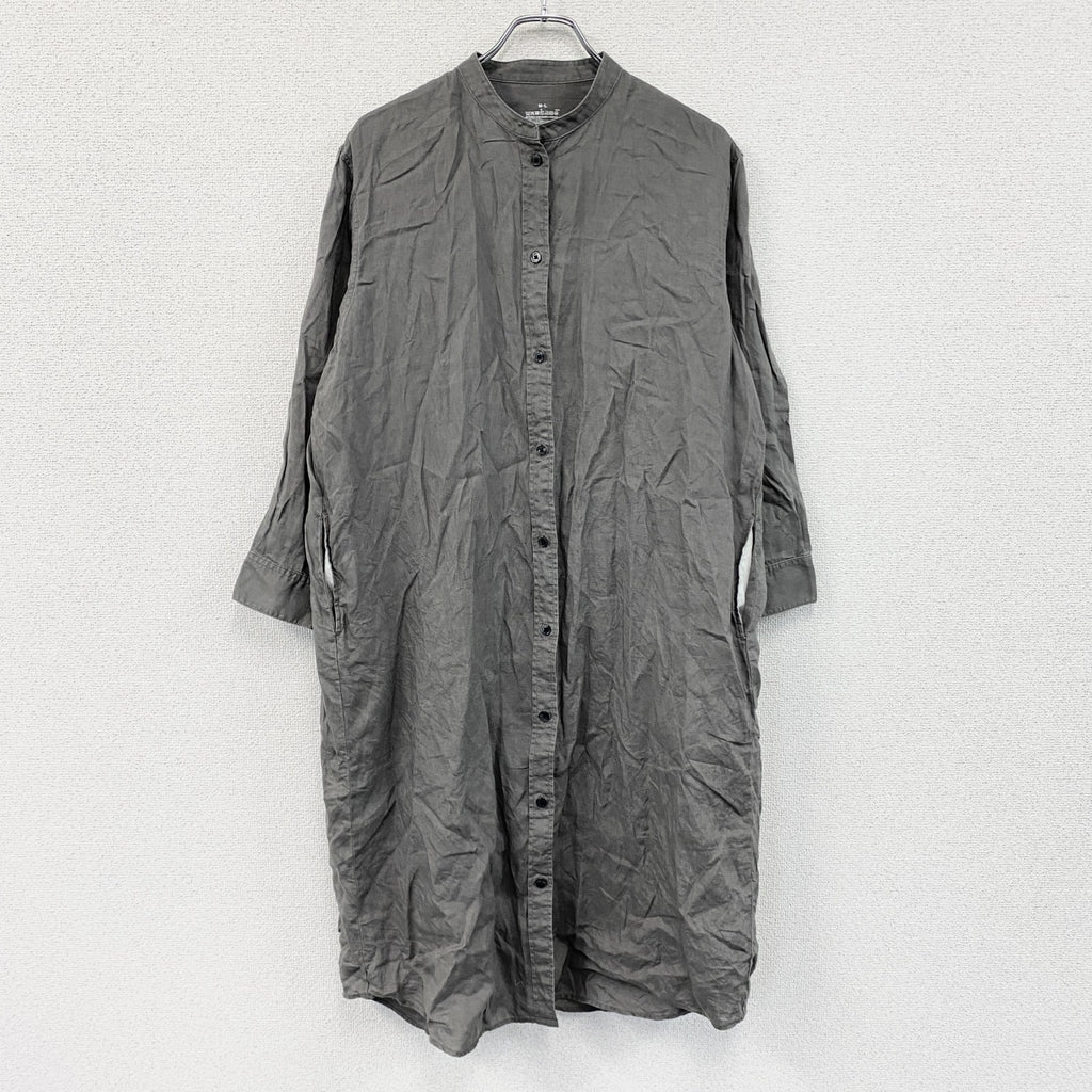 無印良品　MUJI　フレンチリネン洗いざらしスタンドカラーシャツワンピース　グレー　M-Lサイズ