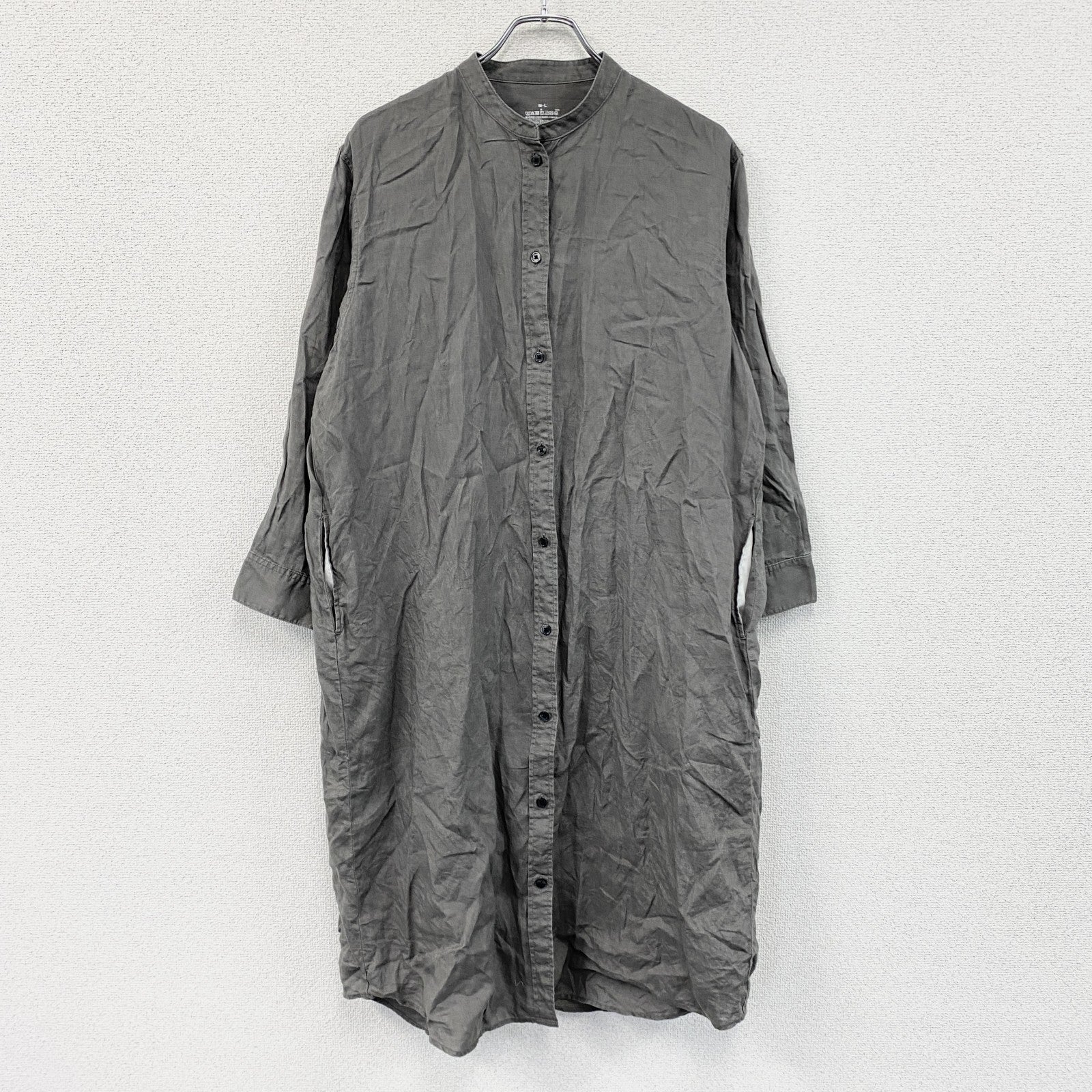 無印良品　MUJI　フレンチリネン洗いざらしスタンドカラーシャツワンピース　グレー　M-Lサイズ
