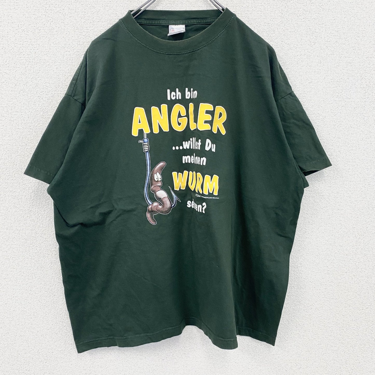 Stedman Classic　半袖プリントTシャツ　釣り　ミミズ　ユーロ　深緑　ディープグリーン　2XLサイズ
