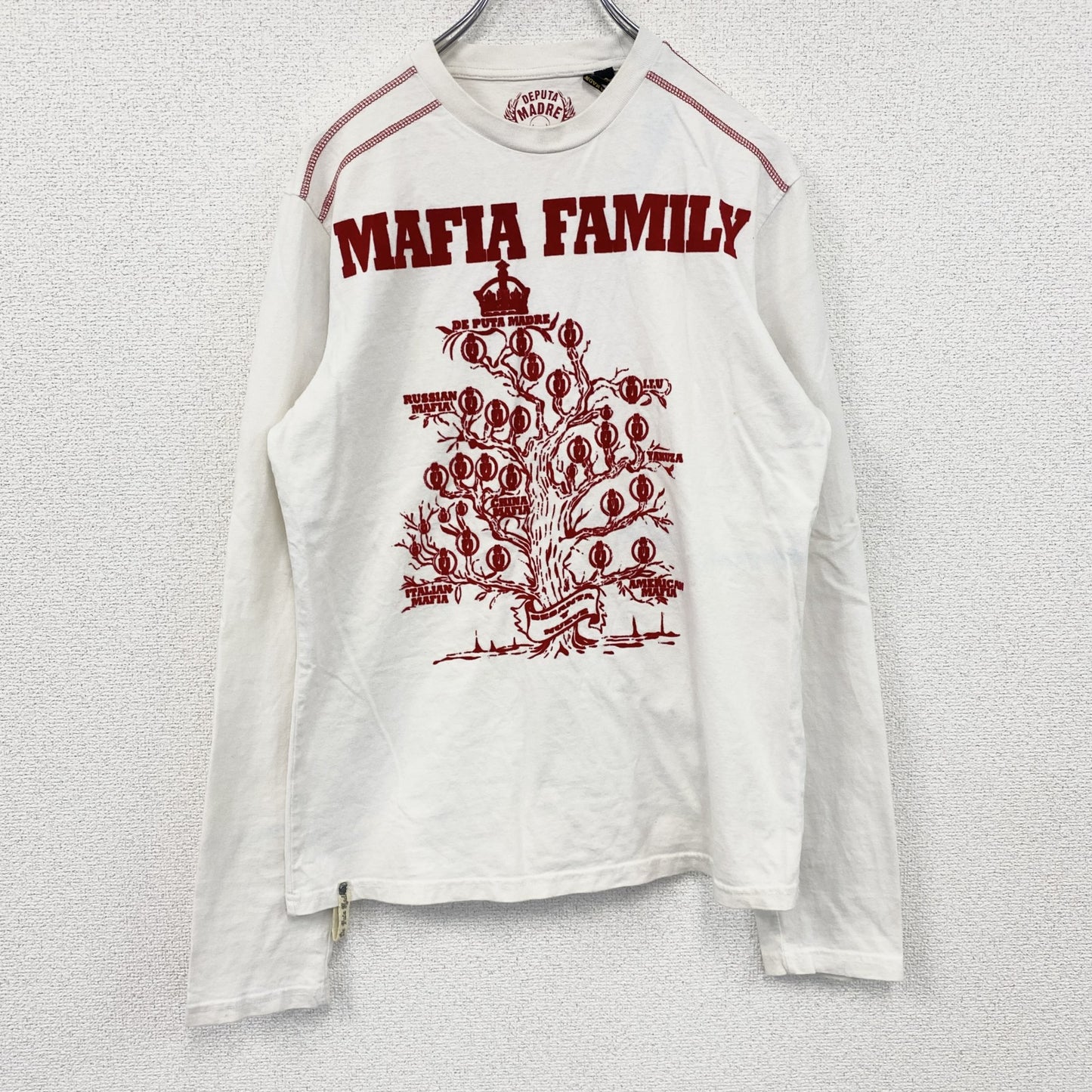 DEPUTA MADRE　長袖Tシャツ/ロンT　フロッキープリント　MAFIA　白　ホワイト　Mサイズ