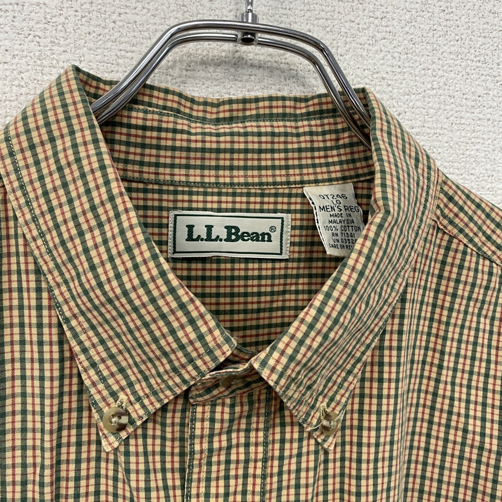 L.L.Bean　エルエルビーン　半袖ボタンダウンシャツ　チェック柄　マルチカラー　ベージュ　Lサイズ