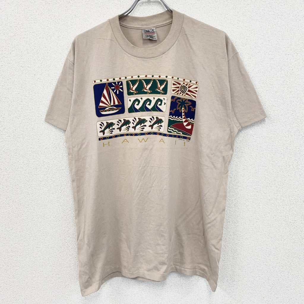 90s　ONEITA　半袖プリントTシャツ　シングルステッチ　ベージュ　XLサイズ