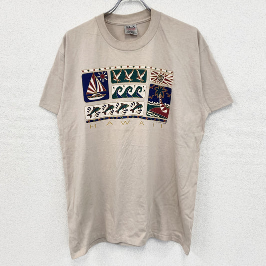 90s　ONEITA　半袖プリントTシャツ　シングルステッチ　ベージュ　XLサイズ