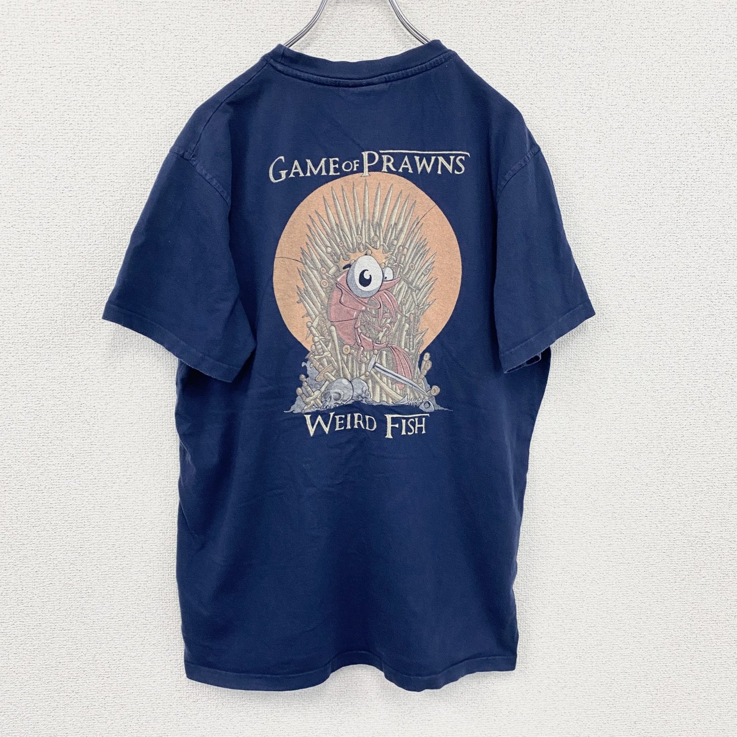 ～00s　Weird fish　半袖プリントTシャツ　Game of Prawns　ヴィンテージ　紺　ネイビー　Mサイズ