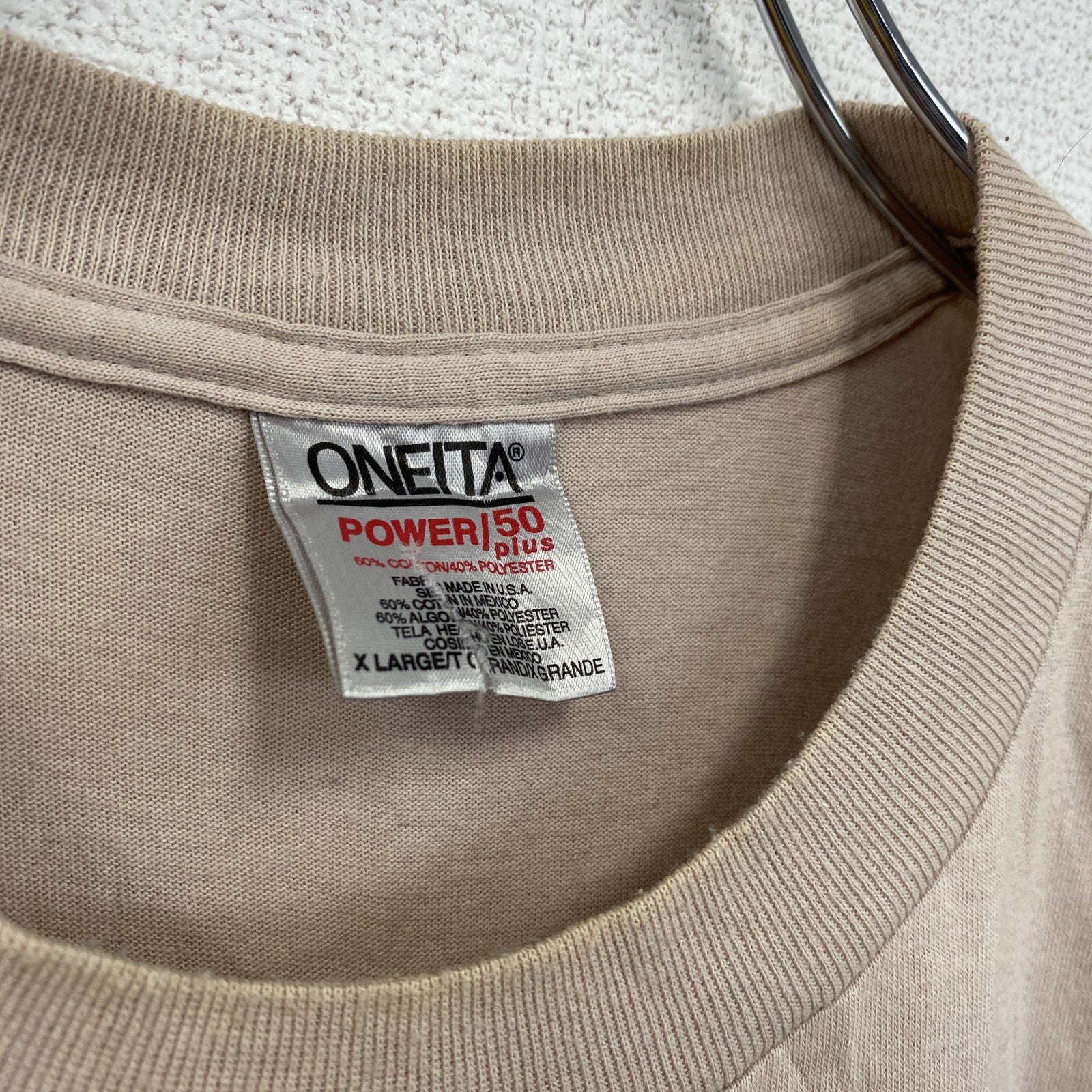 90s　ONEITA　半袖プリントTシャツ　シングルステッチ　ベージュ　XLサイズ