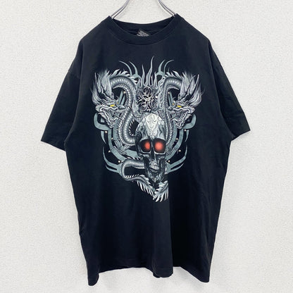 Wild　半袖プリントTシャツ　スカル　骸骨　龍　黒　ブラック　XLサイズ