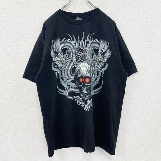 Wild　半袖プリントTシャツ　スカル　骸骨　龍　黒　ブラック　XLサイズ