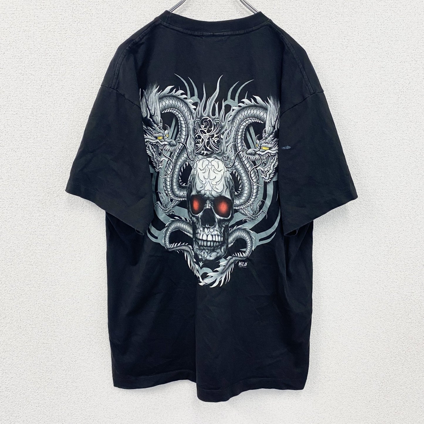 Wild　半袖プリントTシャツ　スカル　骸骨　龍　黒　ブラック　XLサイズ