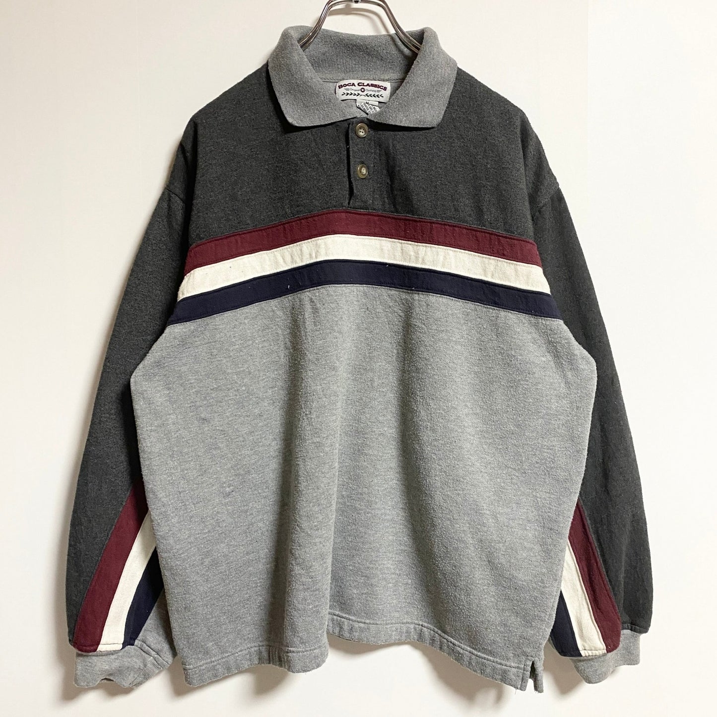古着 used　BOCACLASSICS　長袖ポロスウェット　トレーナー　ボーダー柄　グレー　レトロ　秋冬服　Mサイズ