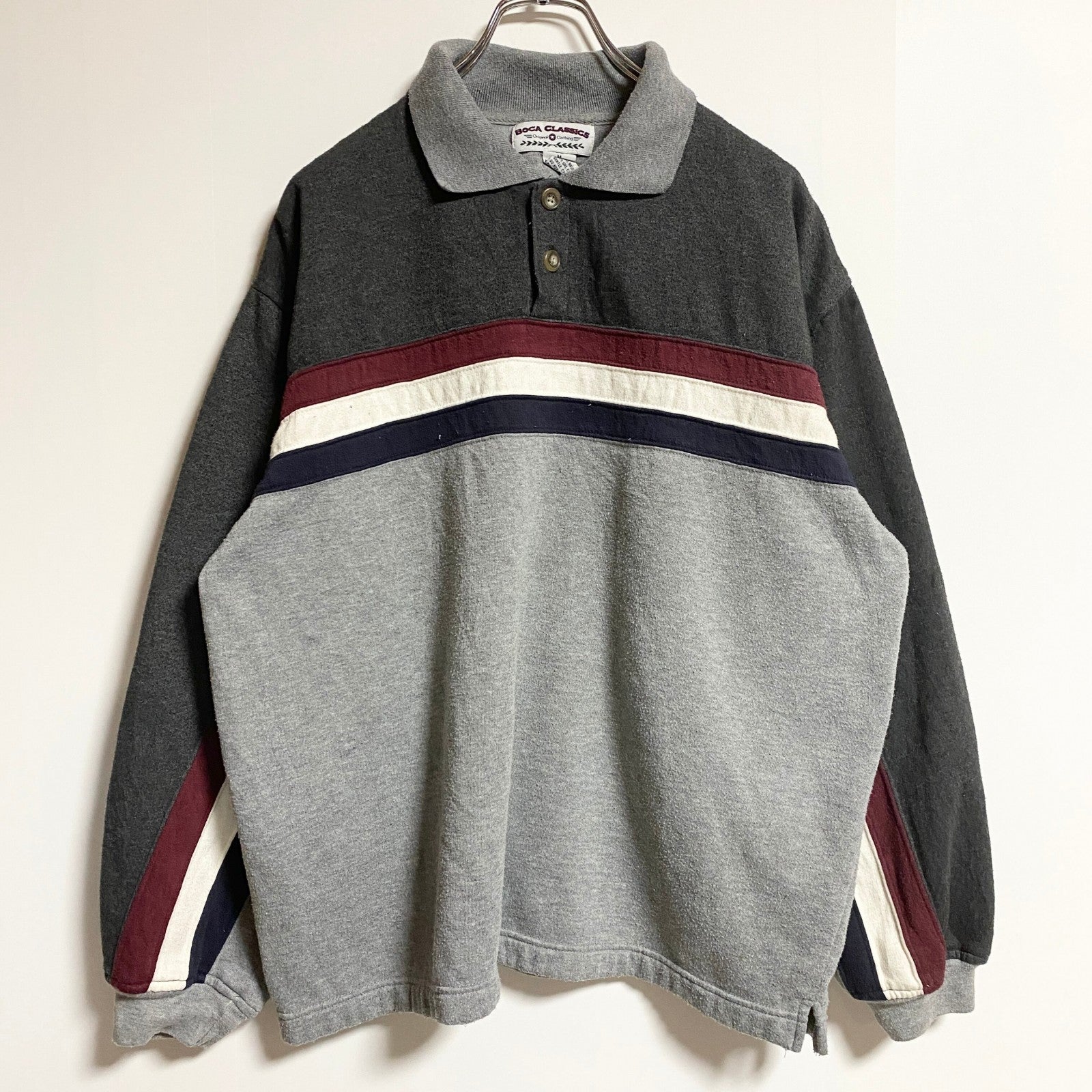 古着 used　BOCACLASSICS　長袖ポロスウェット　トレーナー　ボーダー柄　グレー　レトロ　秋冬服　Mサイズ