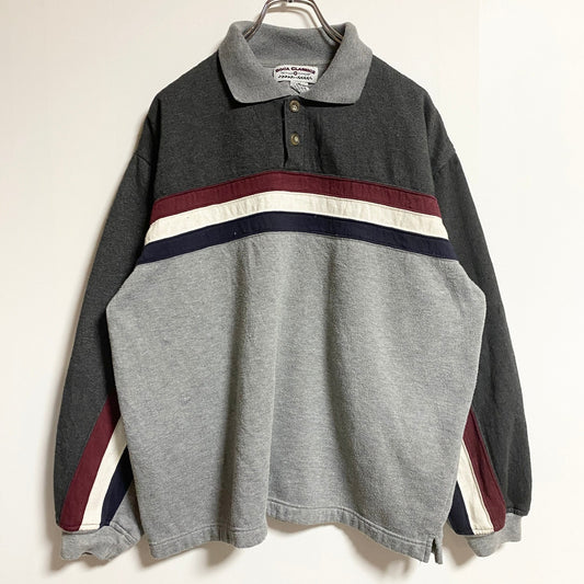 古着 used　BOCACLASSICS　長袖ポロスウェット　トレーナー　ボーダー柄　グレー　レトロ　秋冬服　Mサイズ