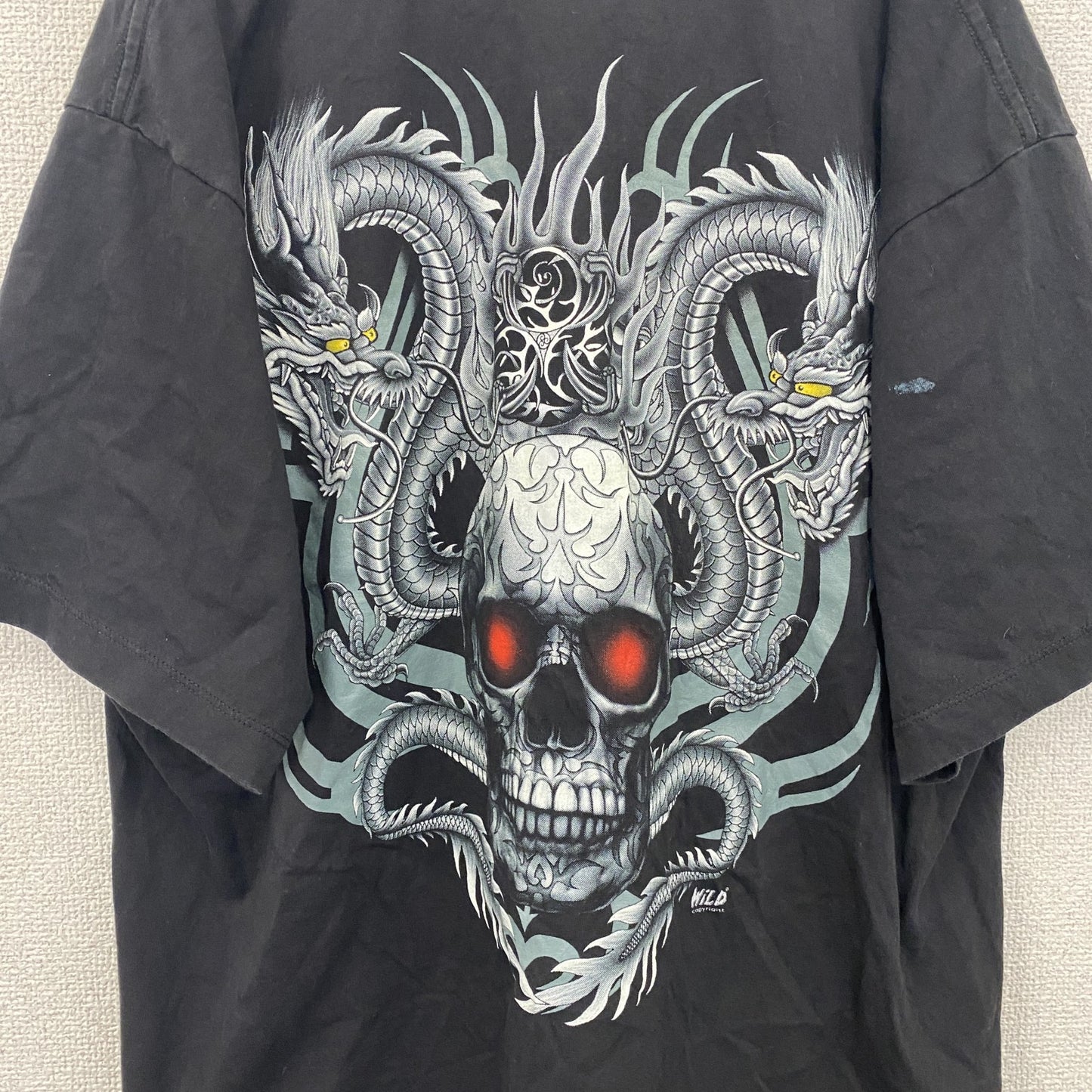 Wild　半袖プリントTシャツ　スカル　骸骨　龍　黒　ブラック　XLサイズ