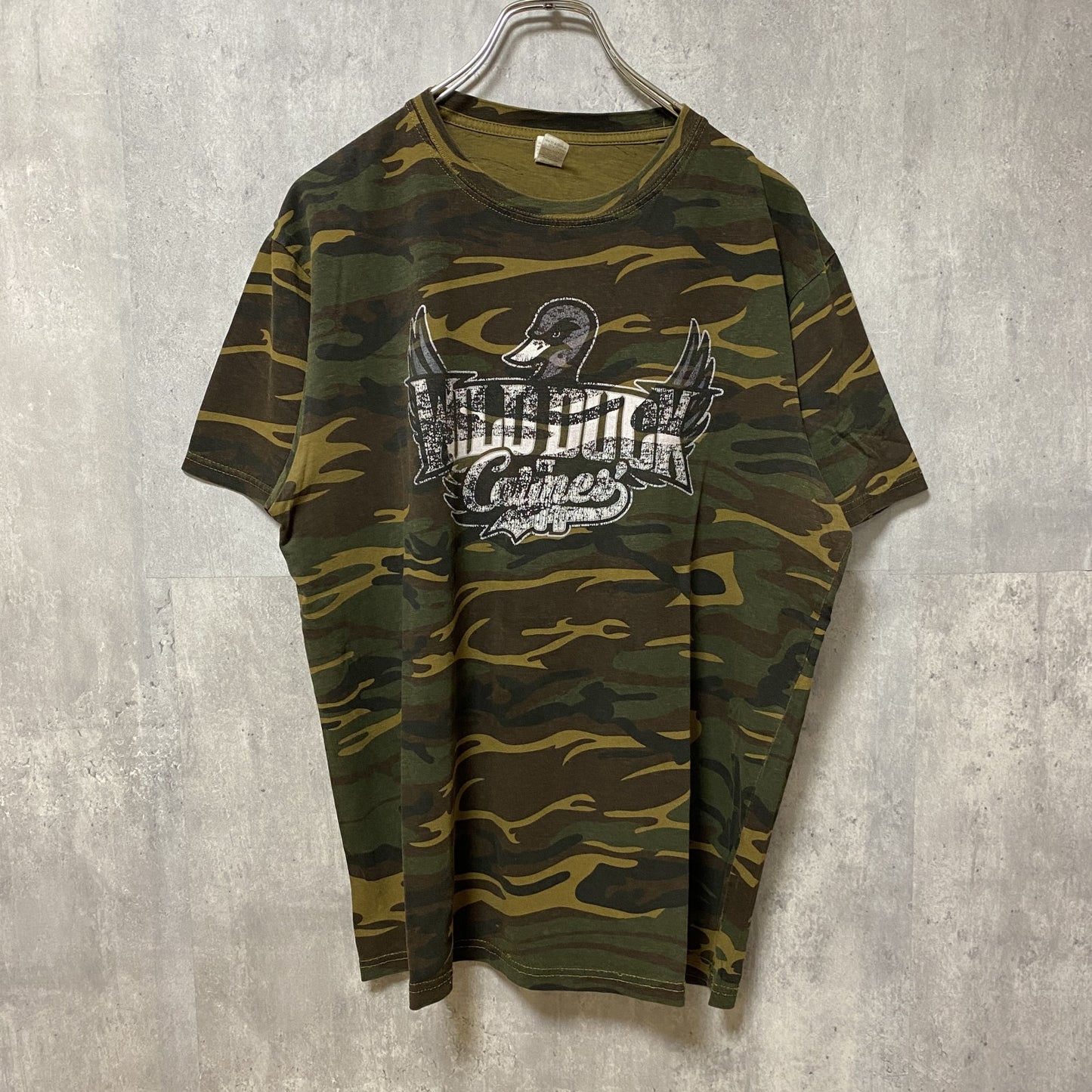 古着 used　anvil アンビル　半袖プリント迷彩Tシャツ　カモフラージュ　WILD DUCK　鴨　カーキ　レトロ　Mサイズ