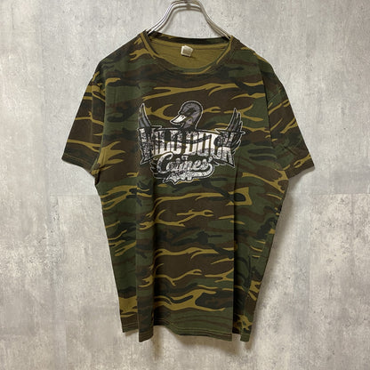 古着 used　anvil アンビル　半袖プリント迷彩Tシャツ　カモフラージュ　WILD DUCK　鴨　カーキ　レトロ　Mサイズ