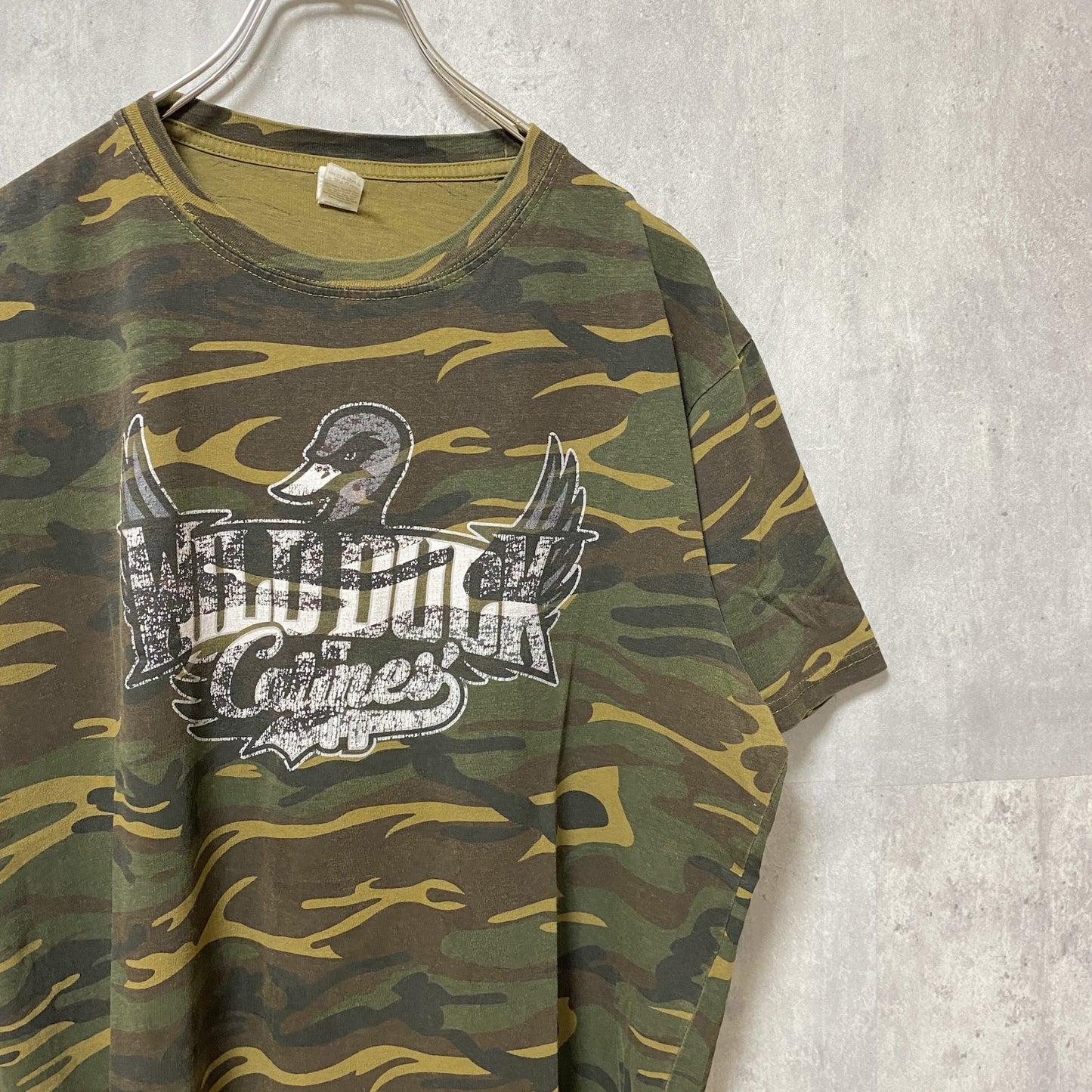 古着 used　anvil アンビル　半袖プリント迷彩Tシャツ　カモフラージュ　WILD DUCK　鴨　カーキ　レトロ　Mサイズ
