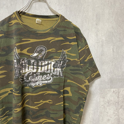 古着 used　anvil アンビル　半袖プリント迷彩Tシャツ　カモフラージュ　WILD DUCK　鴨　カーキ　レトロ　Mサイズ