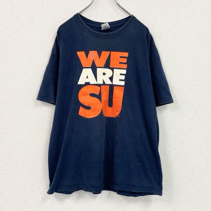 GILDAN　ギルダン　半袖プリントTシャツ　3連プリント　両面プリント　ビッグプリント　クルーネック　紺　ネイビー　XLサイズ